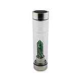 Taurus Laterra Gemstone Water Bottle with green quartz crystal attachment inside clear glass bottle on white background.