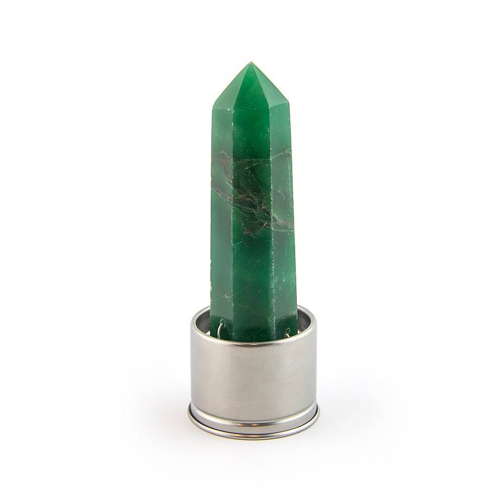 Green quartz crystal attachment for Taurus Laterra Gemstone Water Bottle, front view on white background.