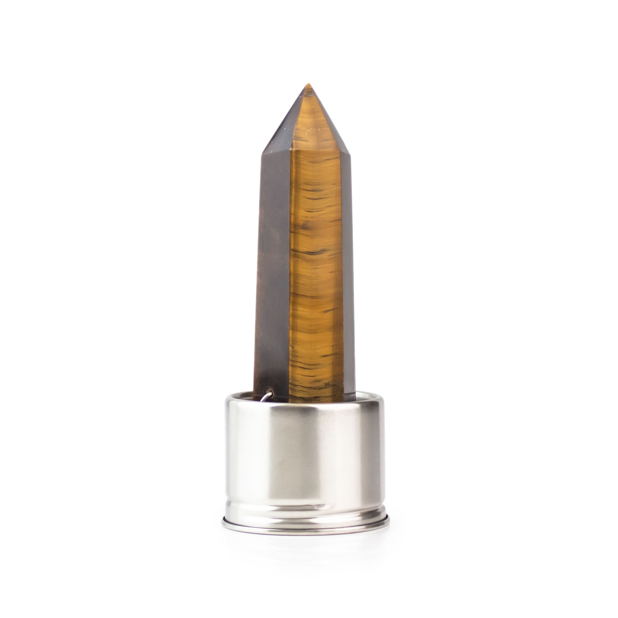 Tiger eye attachment for Laterra Gemstone Water Bottle, polished crystal point in metal base on white background.