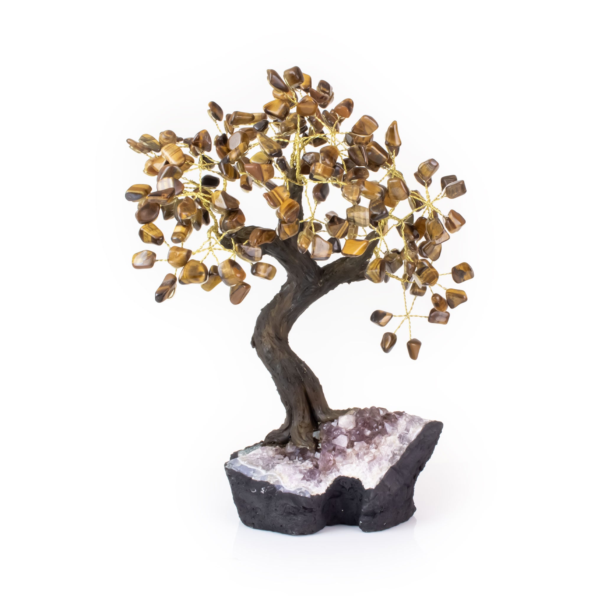 Extra-large tiger eye crystal bonsai tree rooted in natural amethyst base for feng shui.