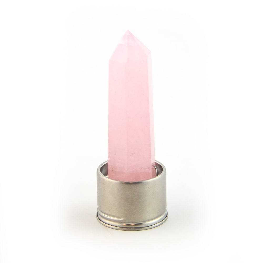 Rose Quartz crystal attachment for Virgo Laterra Gemstone Water Bottle, front view on white background.