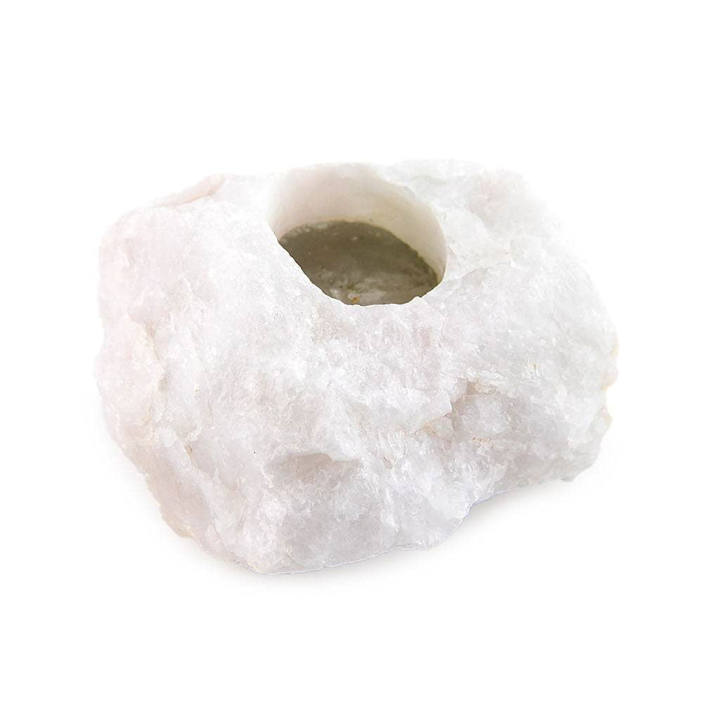 White Quartz Candle Holder, angled view highlighting soft white tone and natural raw edges.