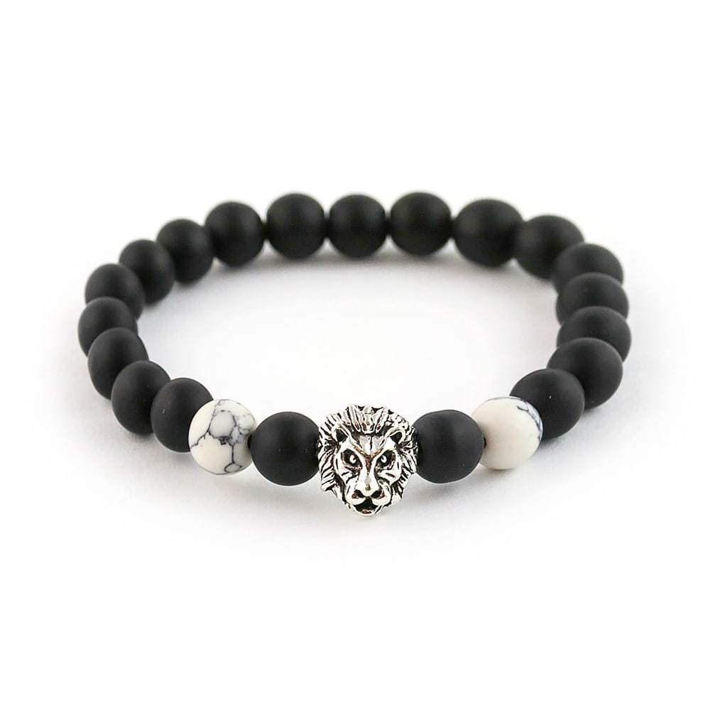 Matte Onyx Bracelet with White Howlite & Lion Head