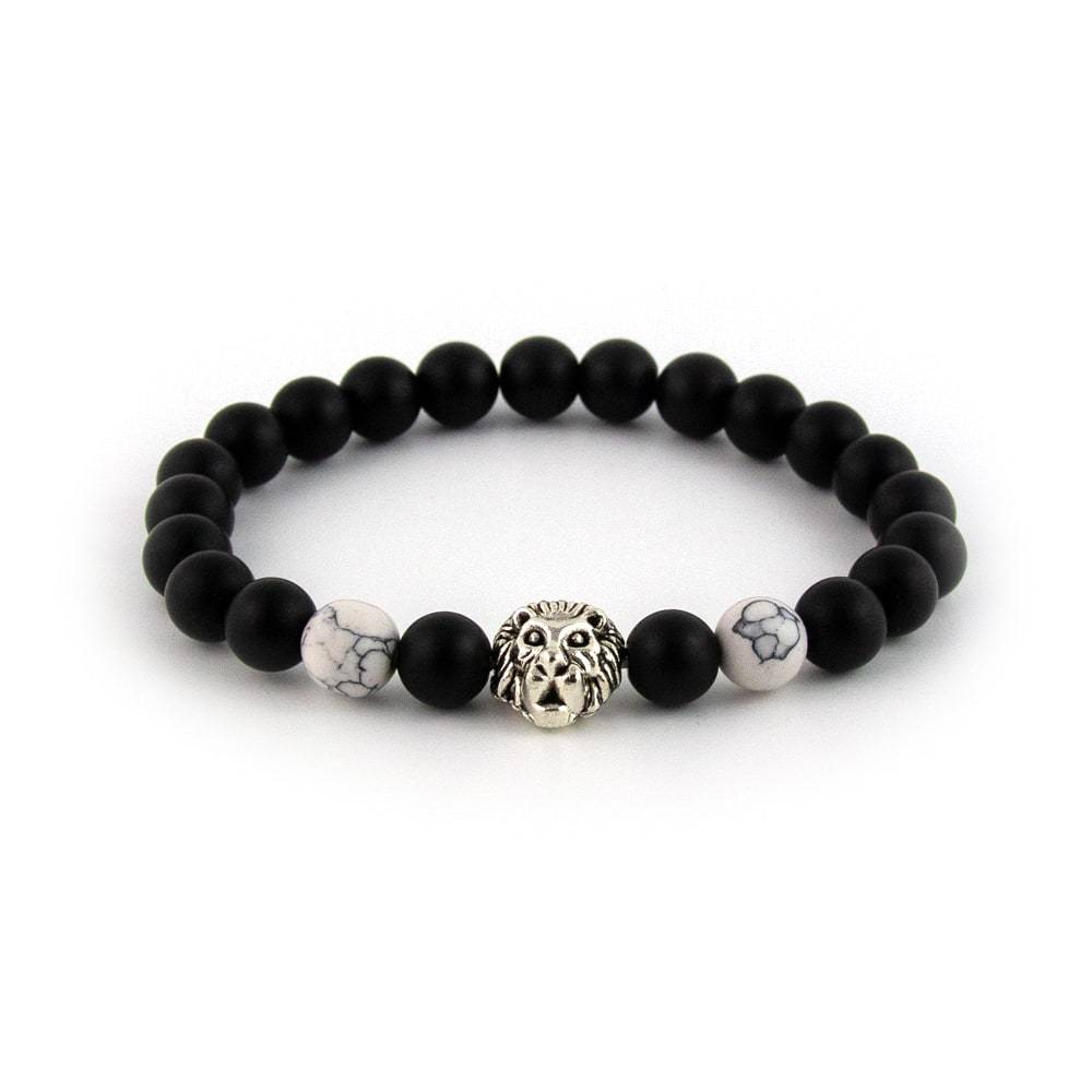 Matte Onyx Bracelet with White Howlite & Lion Head