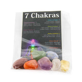 Bag of 7 Chakra tumbled stones with chakra chart card showing meditation diagram.