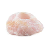 Rose Quartz Candle Holder, front view showing raw pink stone with tealight cavity.