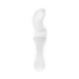 Selenite Moon Wand carved from natural crystal in crescent design, displayed on white background.