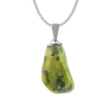 Close-up of Serpentine Stone Pendant showing polished green serpentine crystal on metal-tone chain.