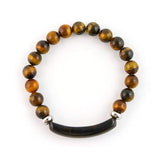 Tiger eye bracelet featuring silver color spacers and polished geometric design.
