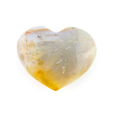 Polished agate heart stone, front view, showing unique banding pattern on white background.