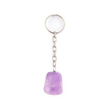 Amethyst Keychain, tumbled purple stone attached to metal keyring on white background.