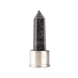 Astrophyllite attachment for Laterra Gemstone Water Bottle, polished crystal point in metal base on white background.