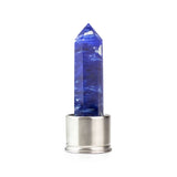 Blue smelting quartz attachment for Laterra Gemstone Water Bottle, polished crystal point in metal base on white background.