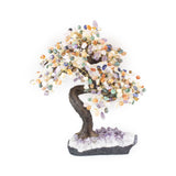 Grand Chakra bonsai tree with polished stones on raw amethyst base for energy alignment and manifestation.