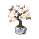 Small Chakra bonsai tree with tumbled gemstone leaves on raw amethyst crystal base.