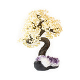 Luxury 4XL citrine bonsai tree with tumbled crystal leaves on amethyst base, premium décor for abundance and manifestation.