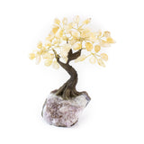 Medium citrine crystal bonsai tree with golden citrine leaves on amethyst base.