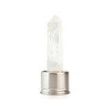 Clear quartz attachment for Laterra Gemstone Water Bottle, polished crystal point in metal base on white background.