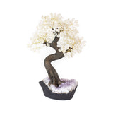 Oversized Crystal Quartz bonsai tree with tumbled quartz stones on amethyst base for manifestation and energy balance.