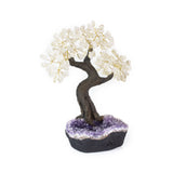 Extra-large Crystal Quartz bonsai tree rooted in raw amethyst base for clarity, healing, and décor.