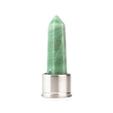 Green quartz attachment for Laterra Gemstone Water Bottle, polished crystal point in metal base on white background.