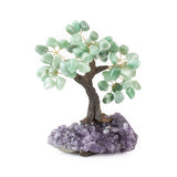 Medium green quartz crystal bonsai tree with polished stones wired to amethyst base.
