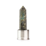Labradorite attachment for Laterra Gemstone Water Bottle, polished crystal point in metal base on white background.
