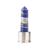 Lapis Lazuli attachment for Laterra Gemstone Water Bottle, polished crystal point in metal base on white background.
