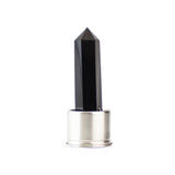 Black obsidian attachment for Laterra Gemstone Water Bottle, polished crystal point in metal base on white background.