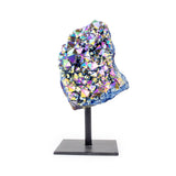 Medium rainbow titanium quartz on black metal base, front facing, vivid rainbow tones against white background.