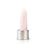 Rose quartz attachment for Laterra Gemstone Water Bottle, polished crystal point in metal base on white background.