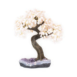 Grand Rose Quartz bonsai tree with tumbled rose quartz leaves on raw amethyst base for manifestation and energy balance.