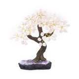 Large Rose Quartz bonsai tree sculpture with tumbled rose quartz leaves on raw amethyst foundation.