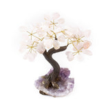 Medium Rose Quartz crystal bonsai tree with polished stones wired to amethyst base.