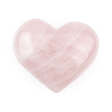 Small Rose Quartz Heart, polished pink crystal on white background.
