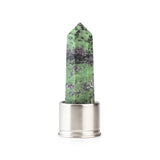 Ruby zoisite attachment for Laterra Gemstone Water Bottle, polished crystal point in metal base on white background.