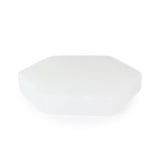 Angled view of a hexagonal selenite coaster displaying its luminous surface and edges, highlighting the crystal’s soft sheen.