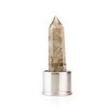 Smoky quartz attachment for Laterra Gemstone Water Bottle, polished crystal point in metal base on white background.