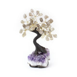 Medium smoky quartz crystal bonsai tree with polished stones wired to amethyst base.