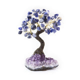 Medium Sodalite crystal bonsai tree with polished stones wired to amethyst base.