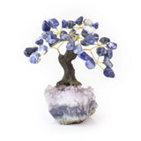 Small Sodalite bonsai tree with tumbled gemstone leaves on raw amethyst crystal base.