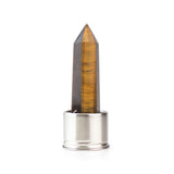Tiger eye attachment for Laterra Gemstone Water Bottle, polished crystal point in metal base on white background.