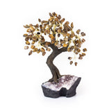 Extra-large tiger eye crystal bonsai tree rooted in natural amethyst base for feng shui.