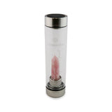 Virgo Laterra Gemstone Water Bottle with rose quartz crystal attachment inside clear glass bottle on white background.