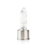White howlite attachment for Laterra Gemstone Water Bottle, polished crystal point in metal base on white background.