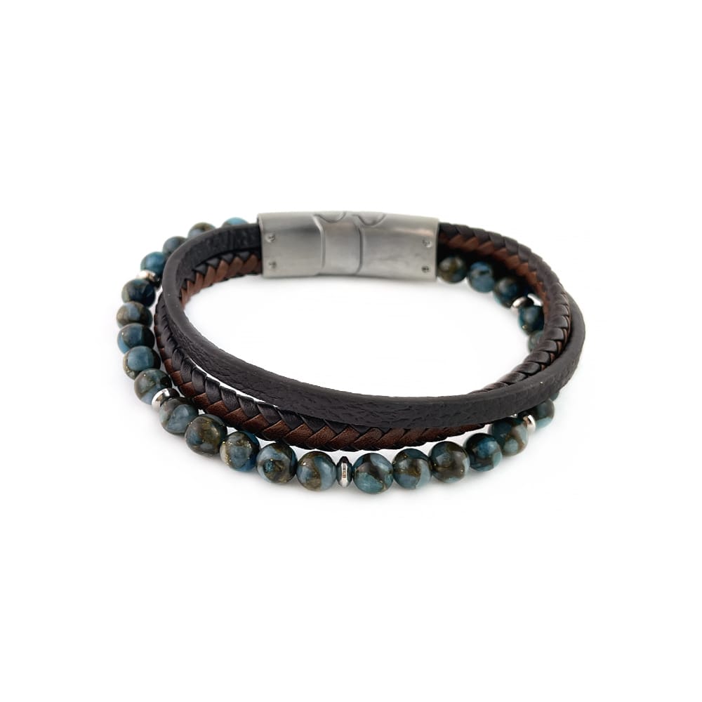 Laterra Gems Chrysocolla Stone And Steel Beads Brown Leather Layered Bracelet